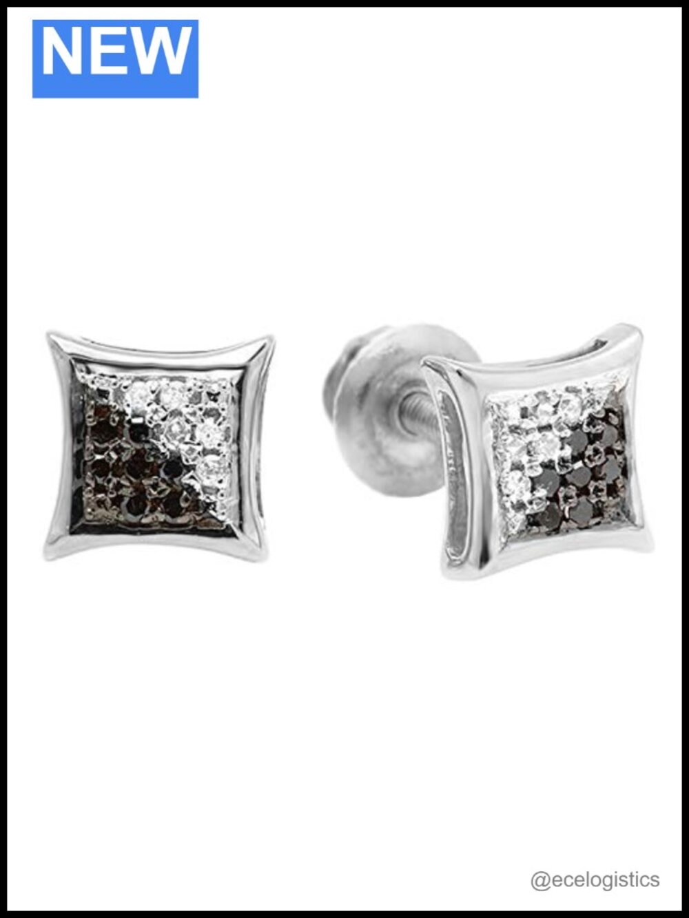 10K White Gold Black Diamond Screw Back Earrings